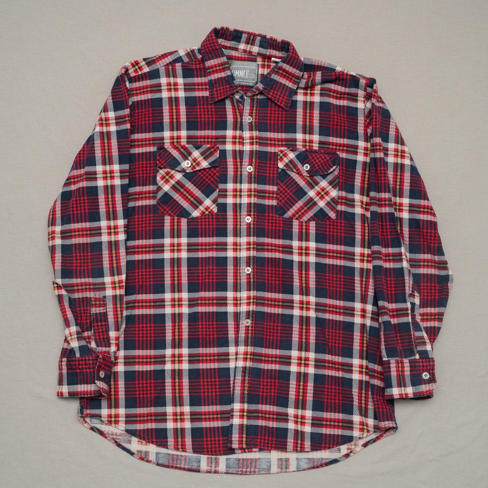 Vintage Omni II Ld Cotton Rayon Print Flannel‎ Tartan Adult Large Red Button Up